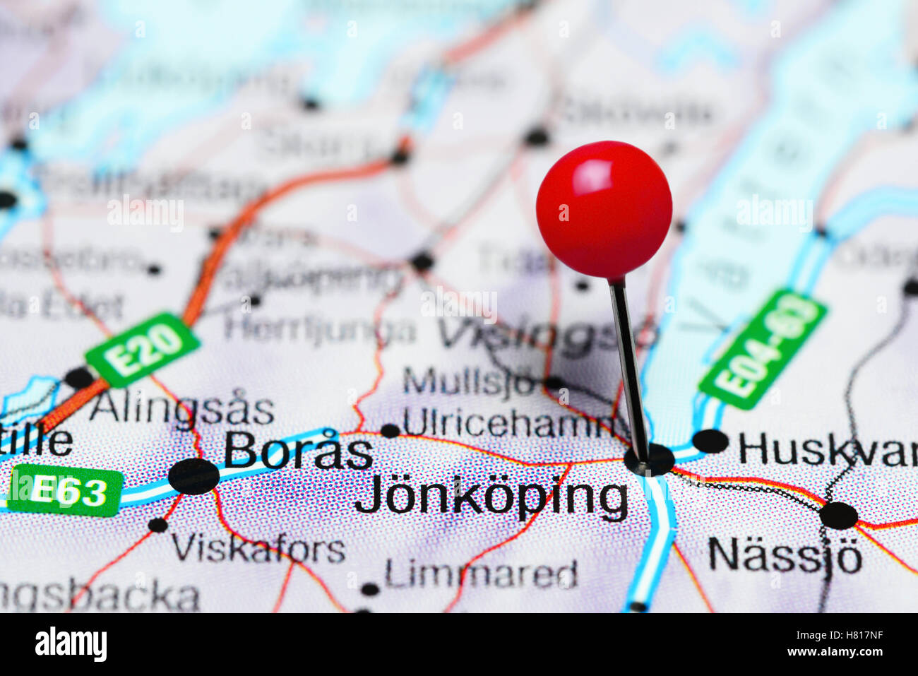 Jonkoping pinned on a map of Sweden Stock Photo