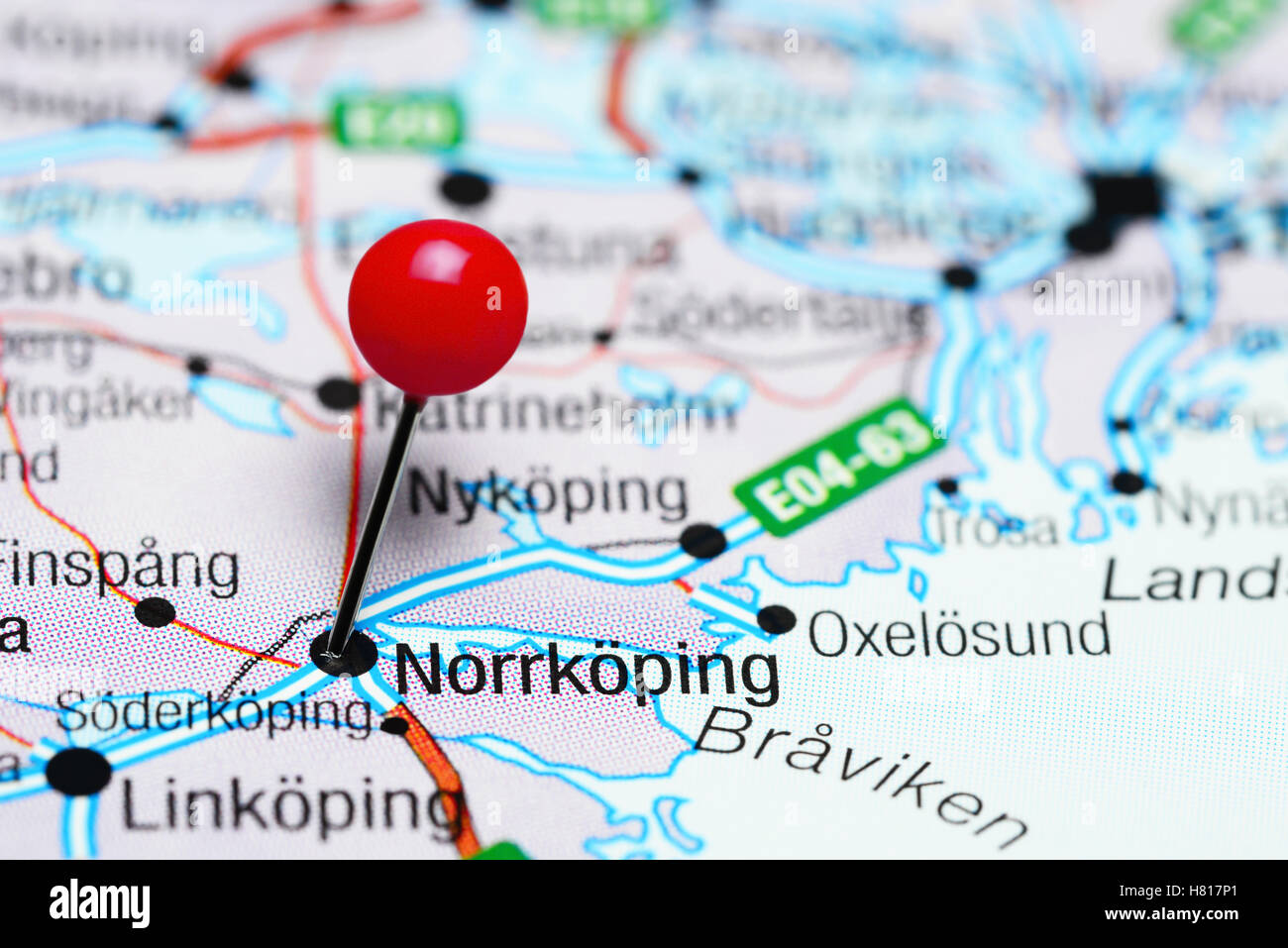 Norrkoping pinned on a map of Sweden Stock Photo