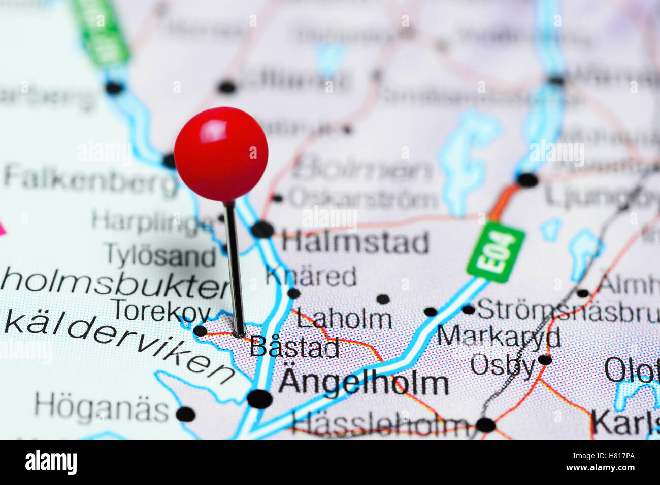 Bastad pinned on a map of Sweden Stock Photo