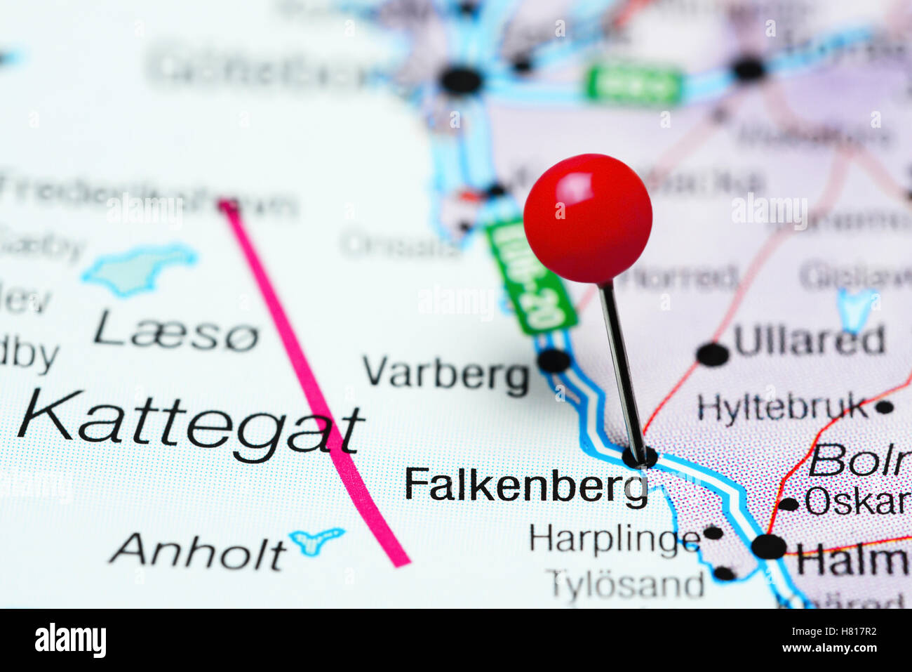 Falkenberg pinned on a map of Sweden Stock Photo