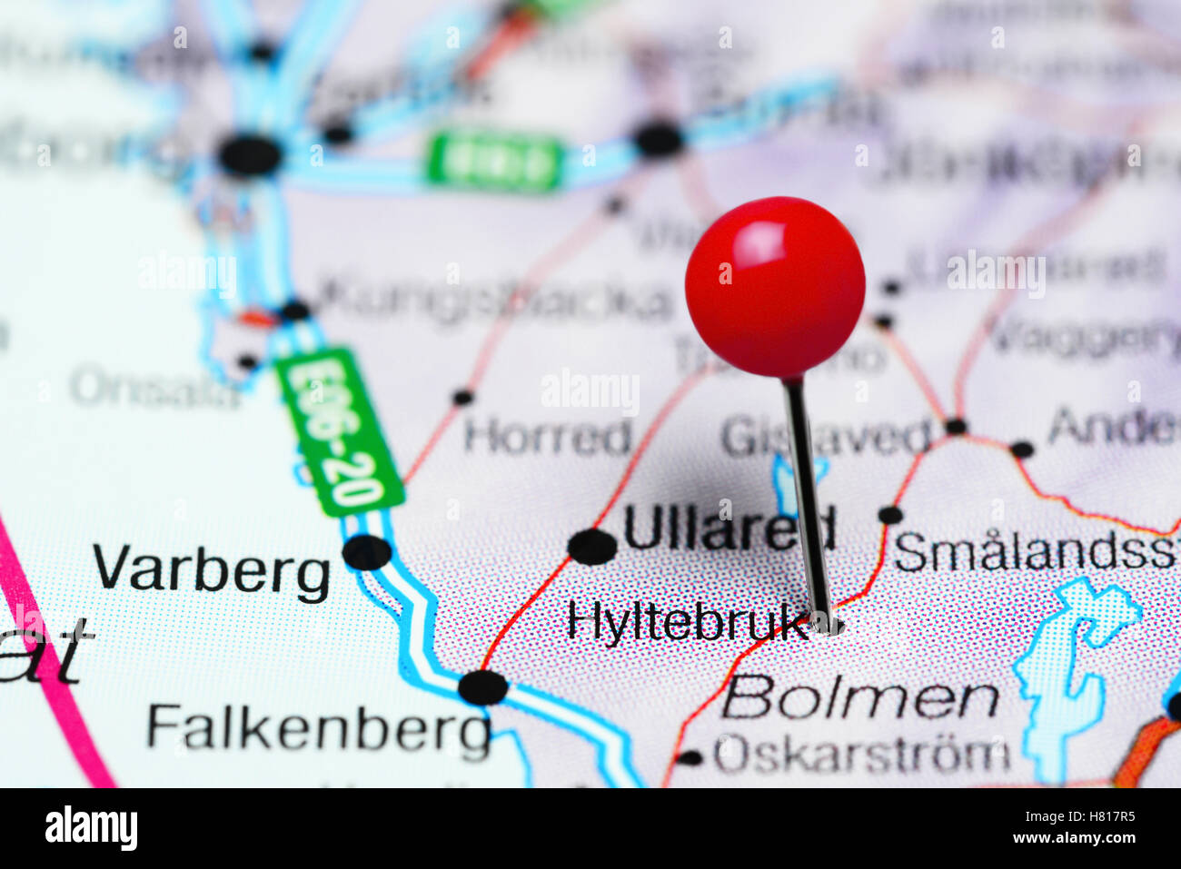 Hyltebruk pinned on a map of Sweden Stock Photo