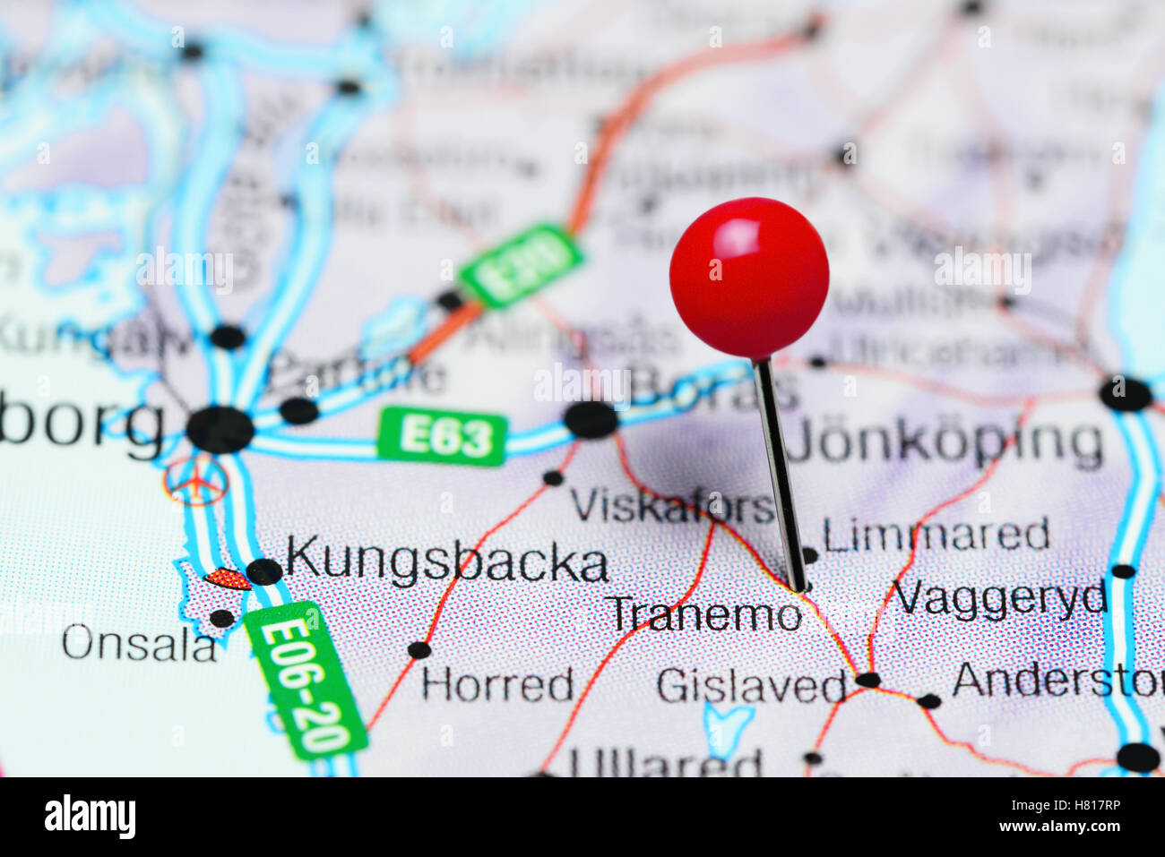 Tranemo pinned on a map of Sweden Stock Photo
