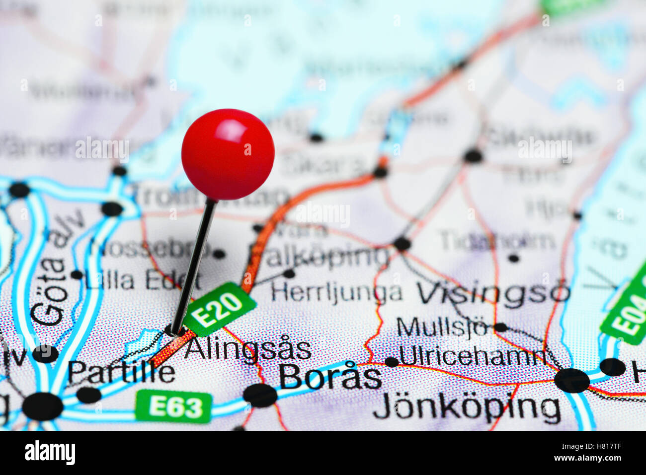Alingsas pinned on a map of Sweden Stock Photo