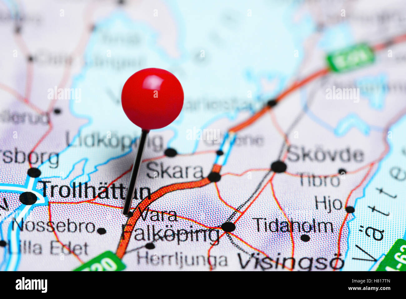 Vara pinned on a map of Sweden Stock Photo