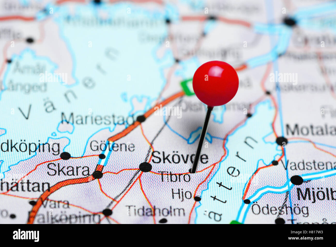 Tibro pinned on a map of Sweden Stock Photo