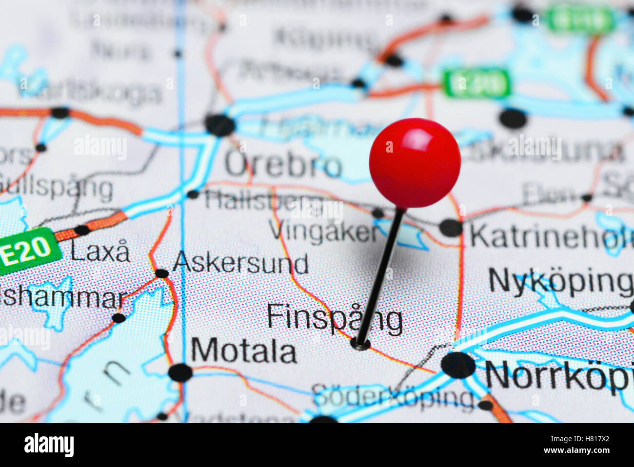 Finspang pinned on a map of Sweden Stock Photo