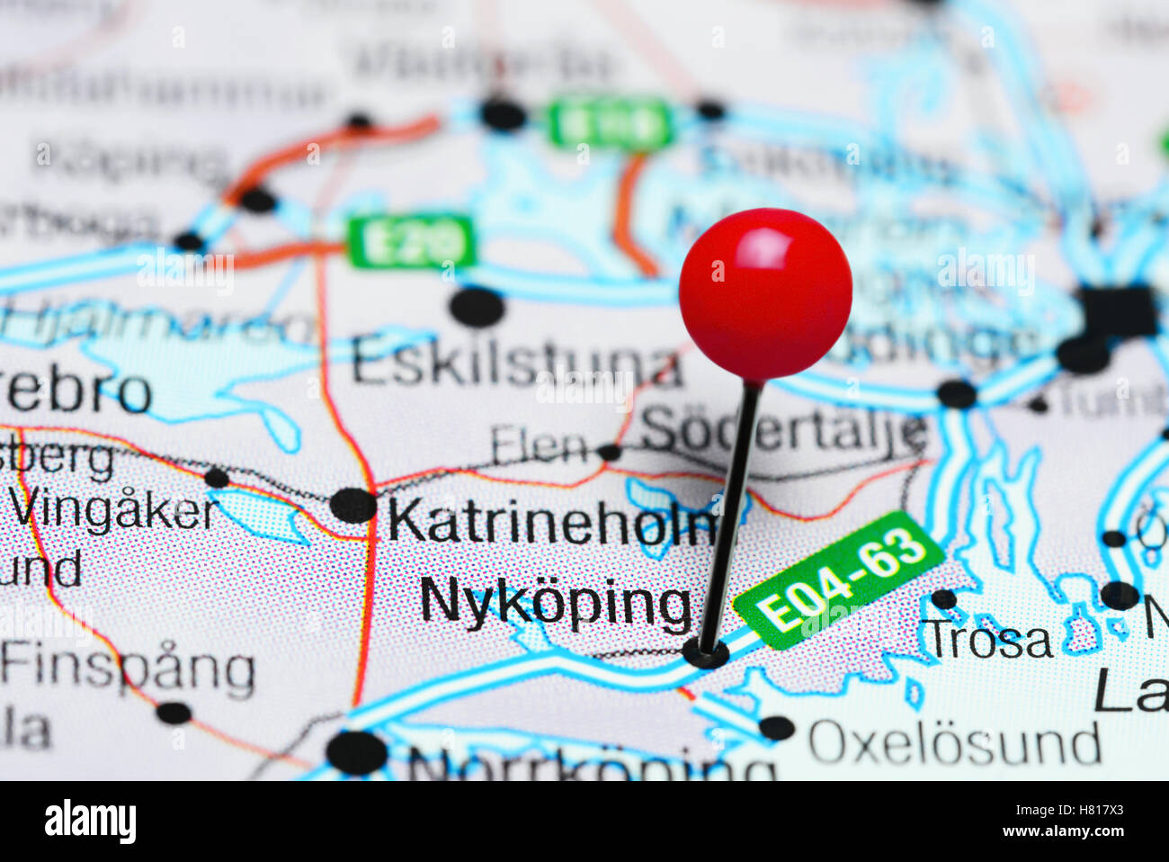 Nykoping pinned on a map of Sweden Stock Photo