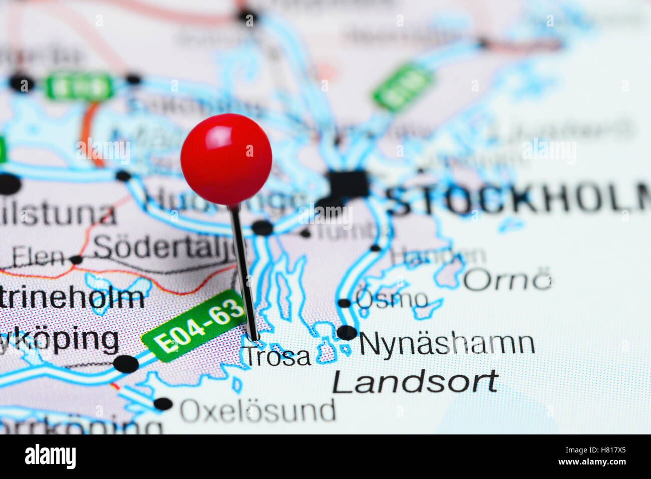 Trosa pinned on a map of Sweden Stock Photo