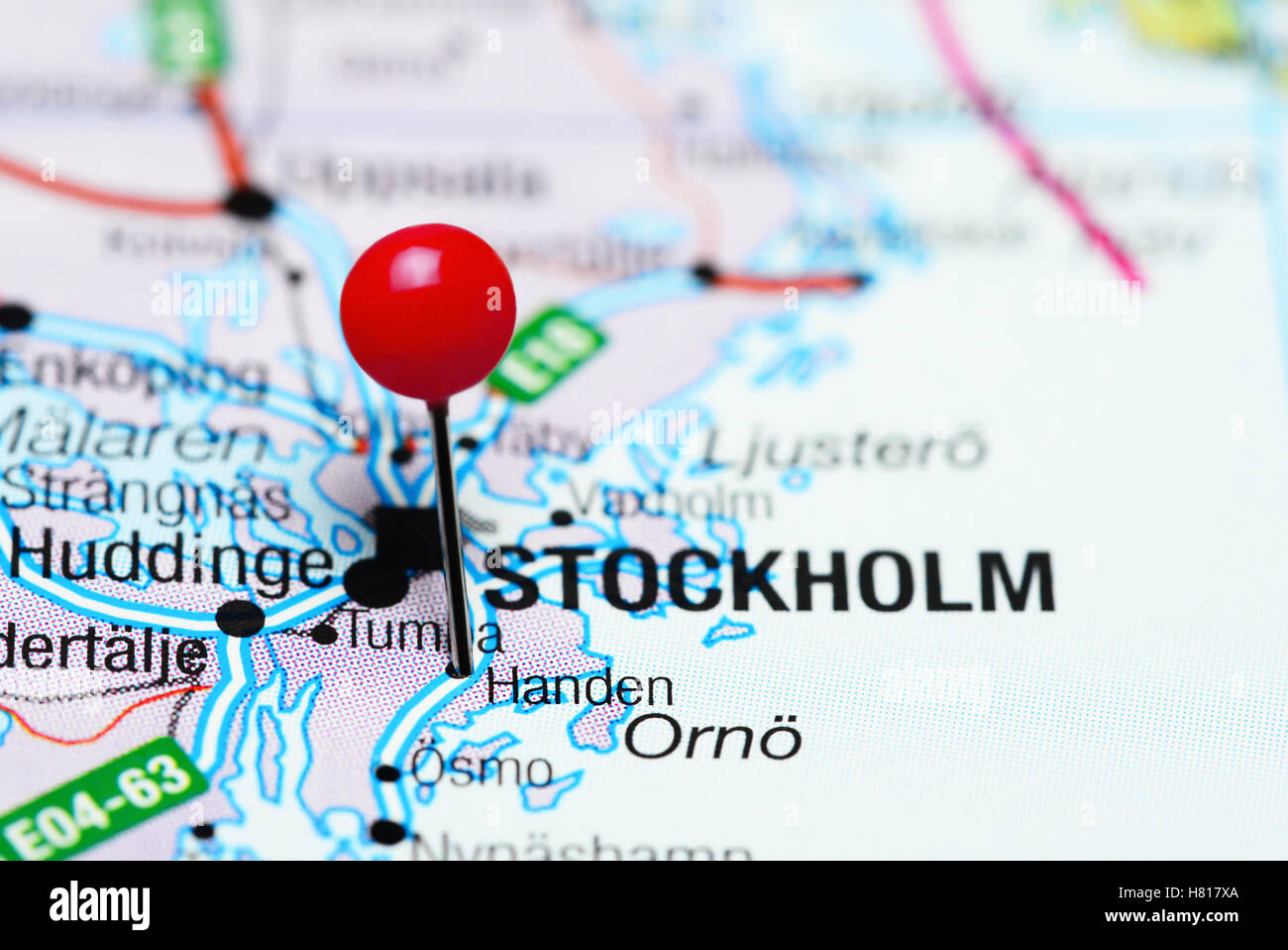Handen pinned on a map of Sweden Stock Photo