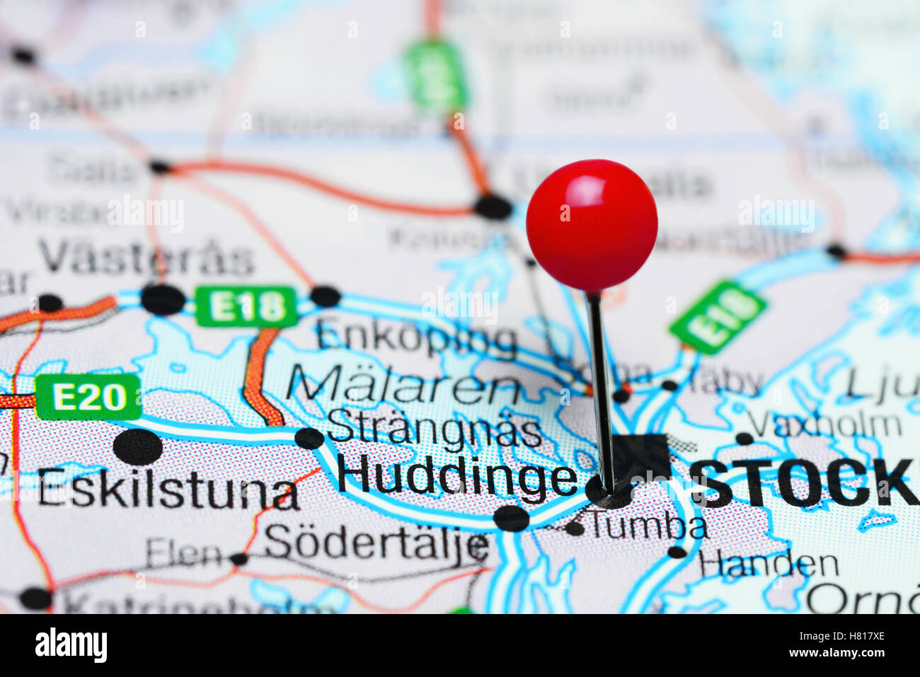 Huddinge pinned on a map of Sweden Stock Photo