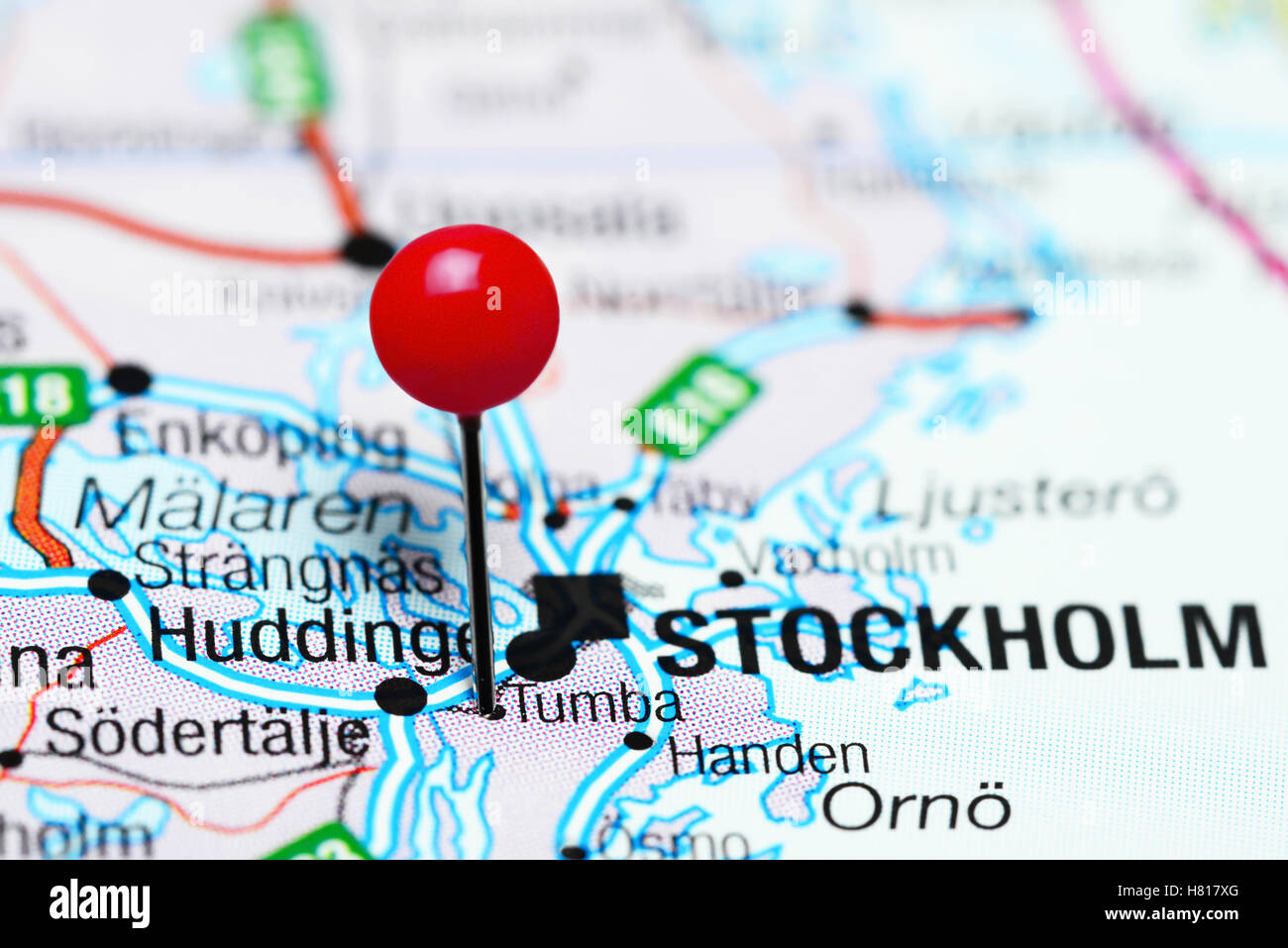 Tumba pinned on a map of Sweden Stock Photo