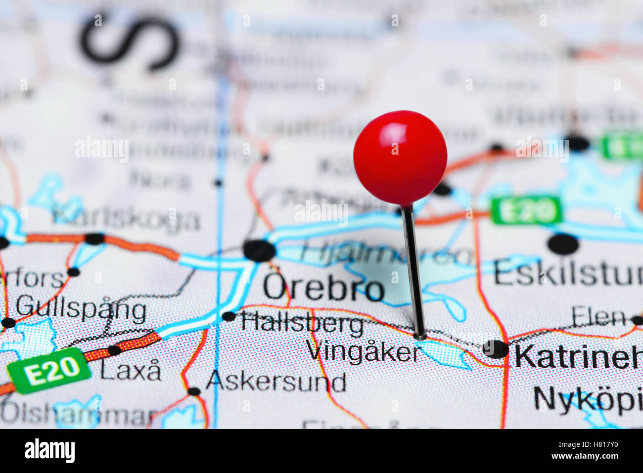 Vingaker pinned on a map of Sweden Stock Photo