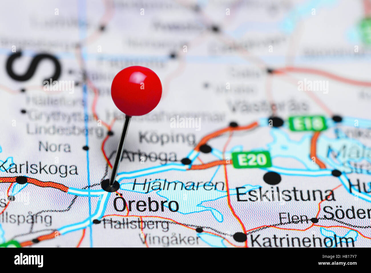 Orebro pinned on a map of Sweden Stock Photo