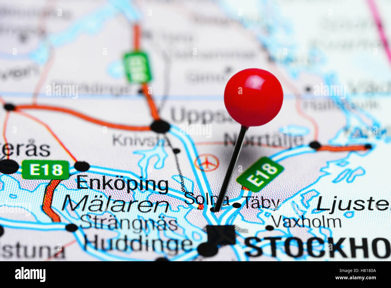 Solna pinned on a map of Sweden Stock Photo