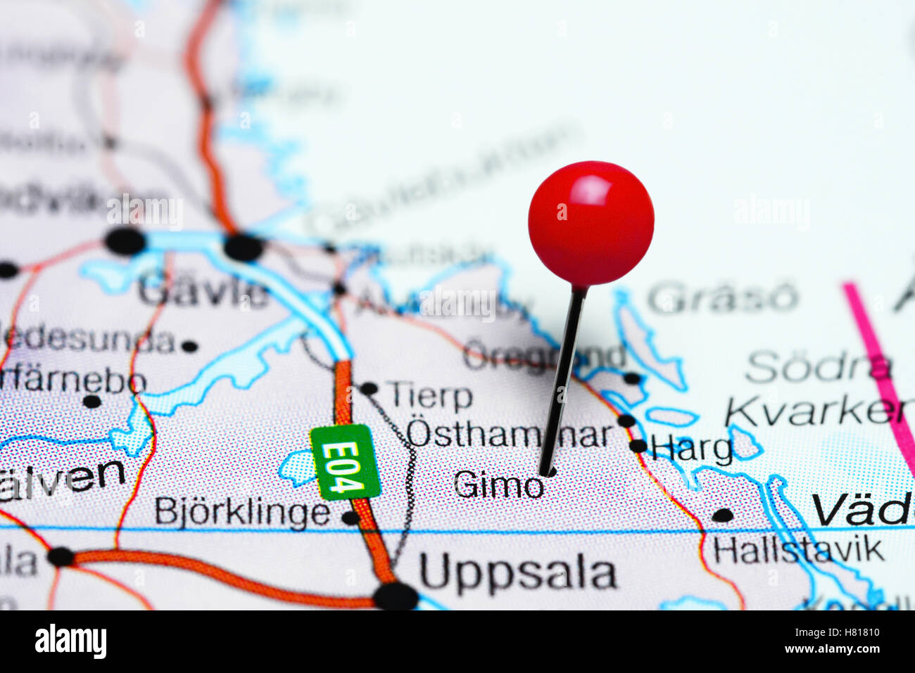 Gimo pinned on a map of Sweden Stock Photo