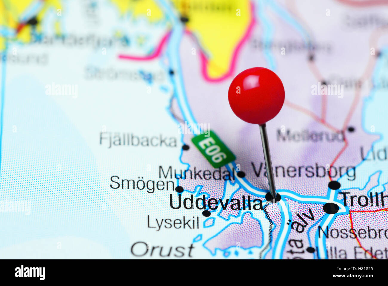 Uddevalla pinned on a map of Sweden Stock Photo