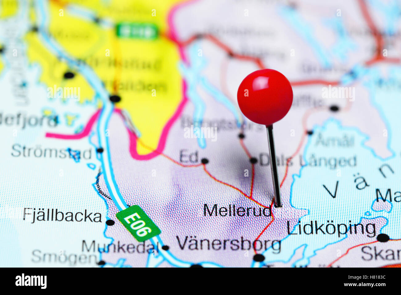 Mellerud pinned on a map of Sweden Stock Photo