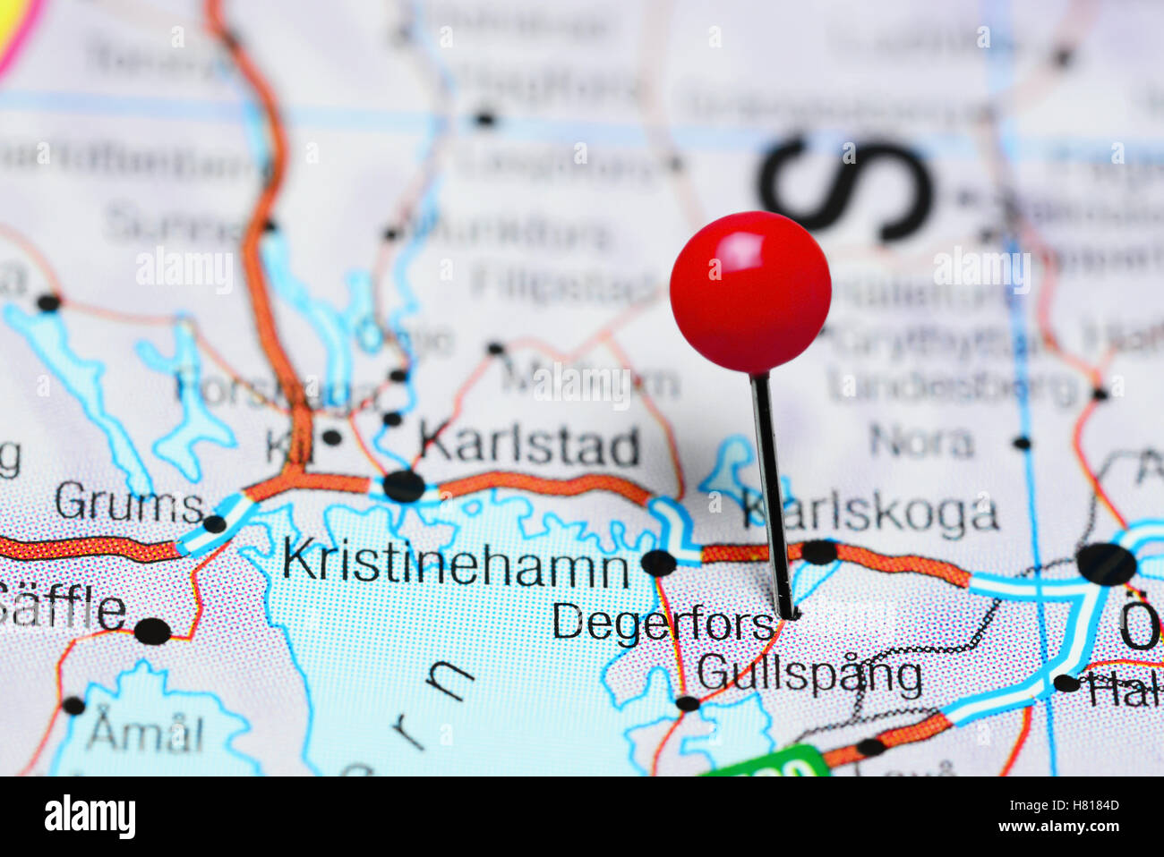 Degerfors pinned on a map of Sweden Stock Photo