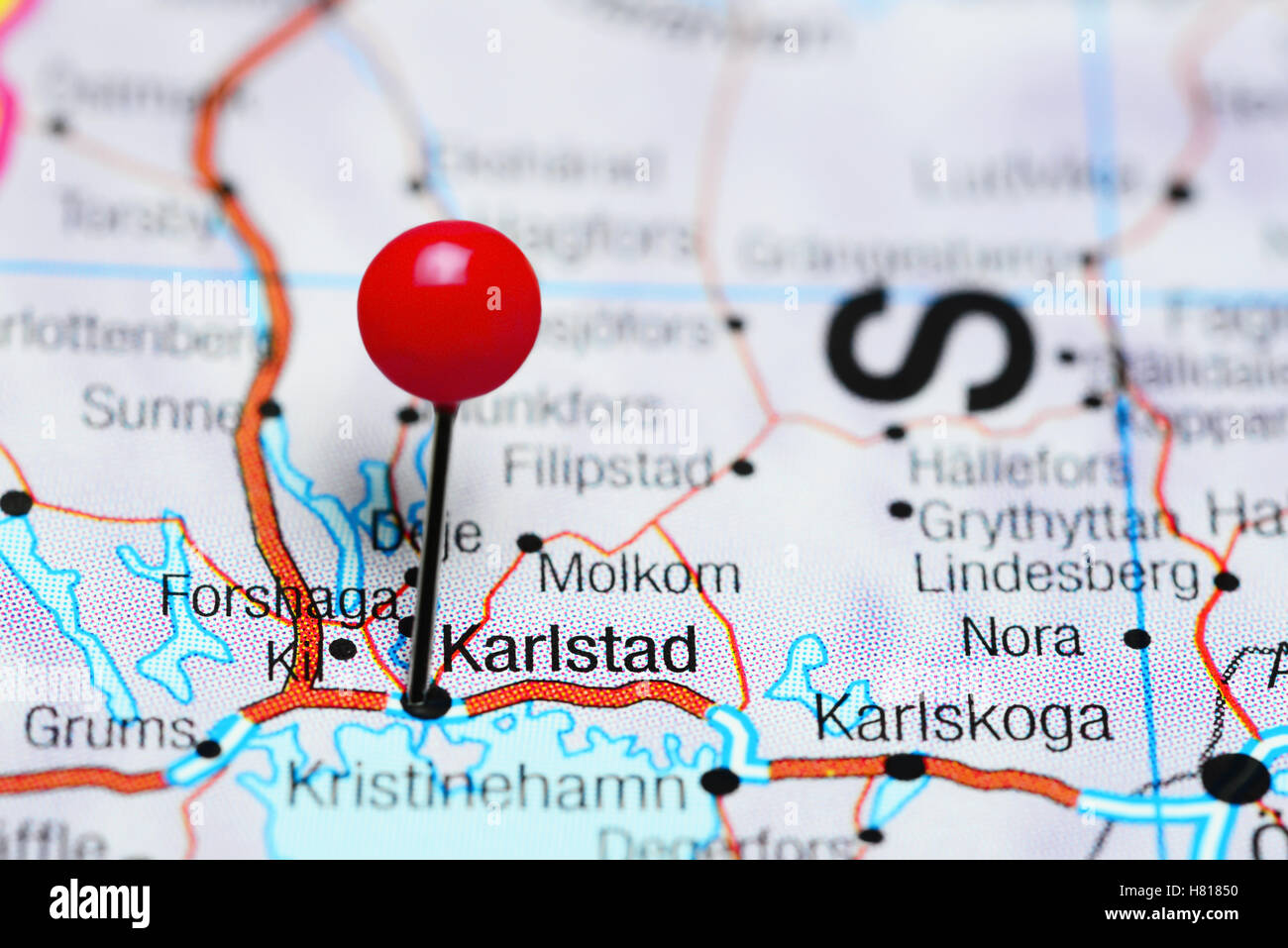 Karlstad pinned on a map of Sweden Stock Photo