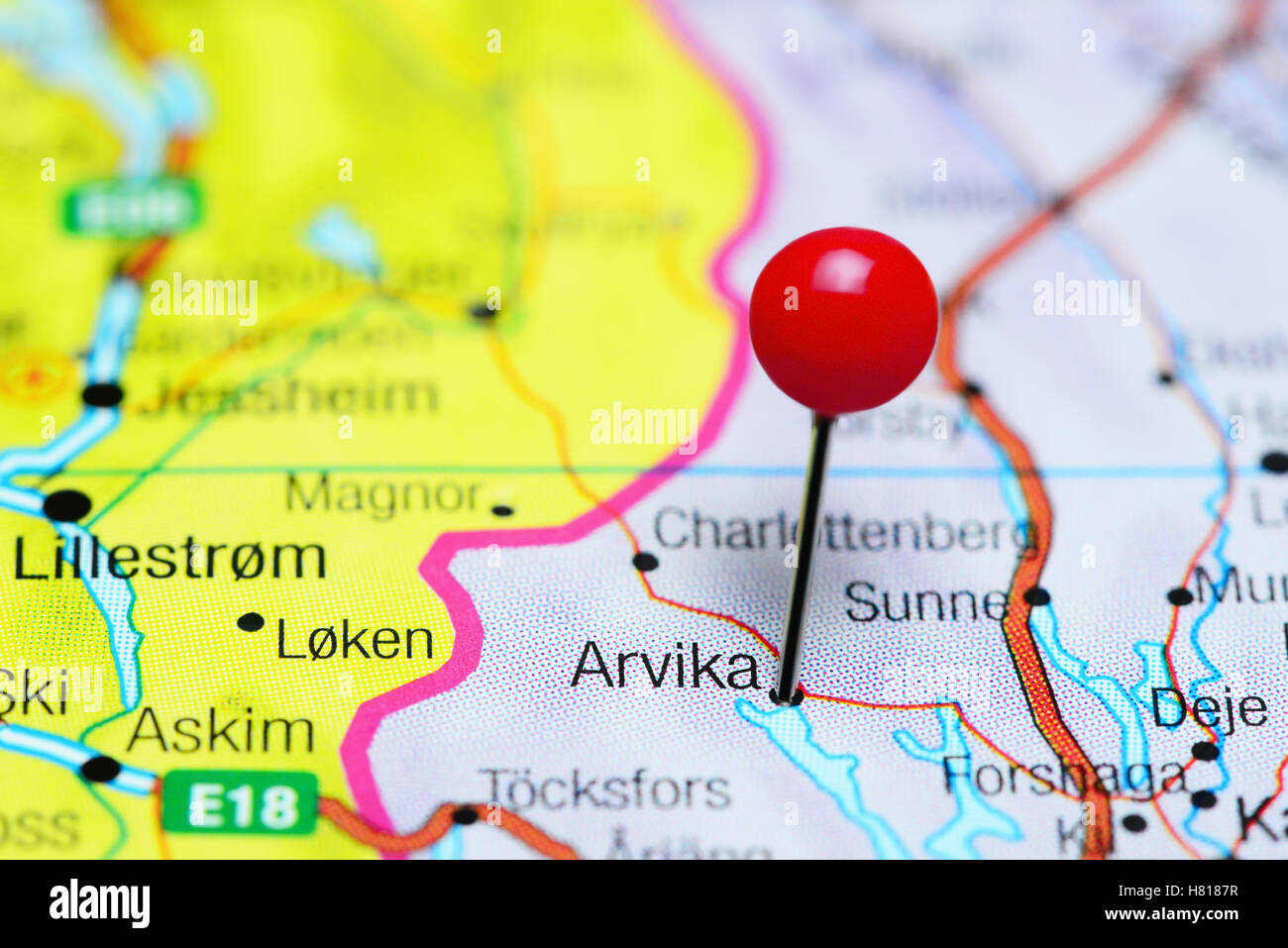 Arvika pinned on a map of Sweden Stock Photo