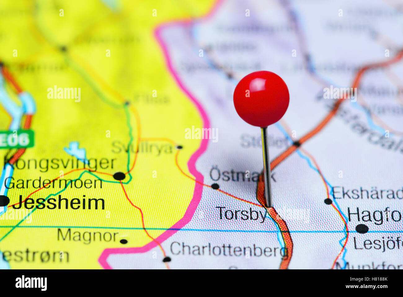 Torsby pinned on a map of Sweden Stock Photo