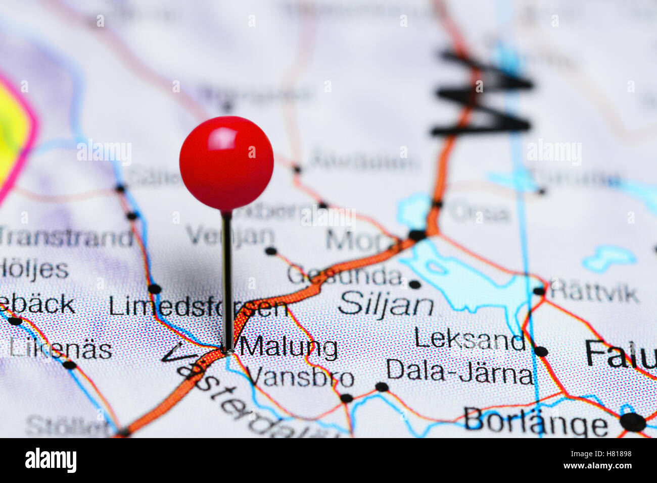 Malung pinned on a map of Sweden Stock Photo