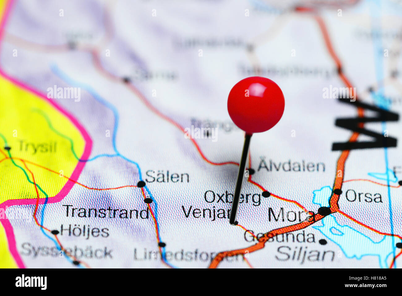 Venjar pinned on a map of Sweden Stock Photo