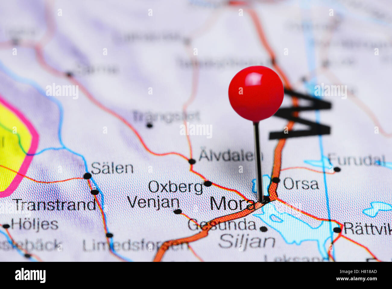 Mora pinned on a map of Sweden Stock Photo