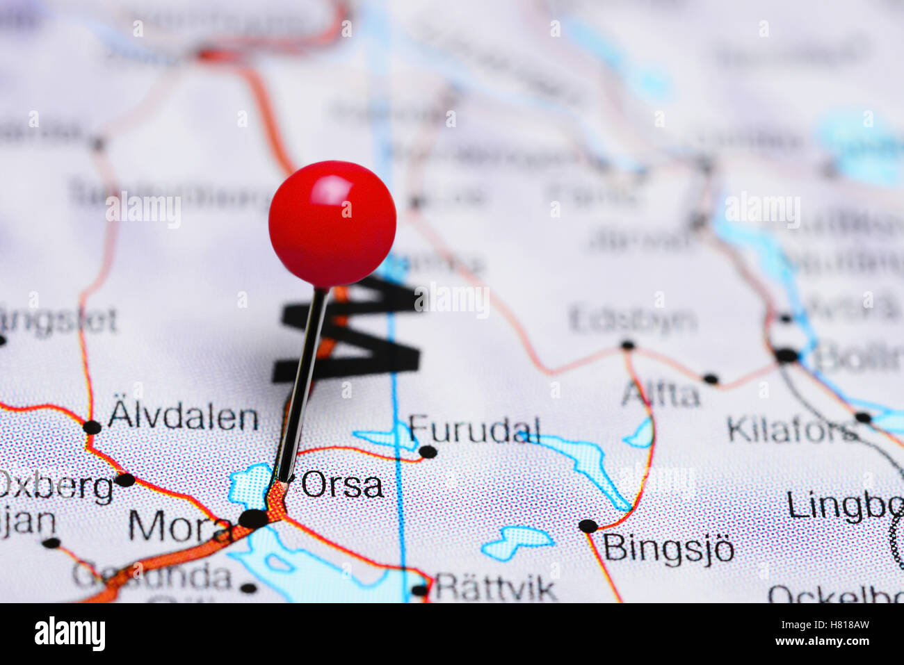 Orsa pinned on a map of Sweden Stock Photo