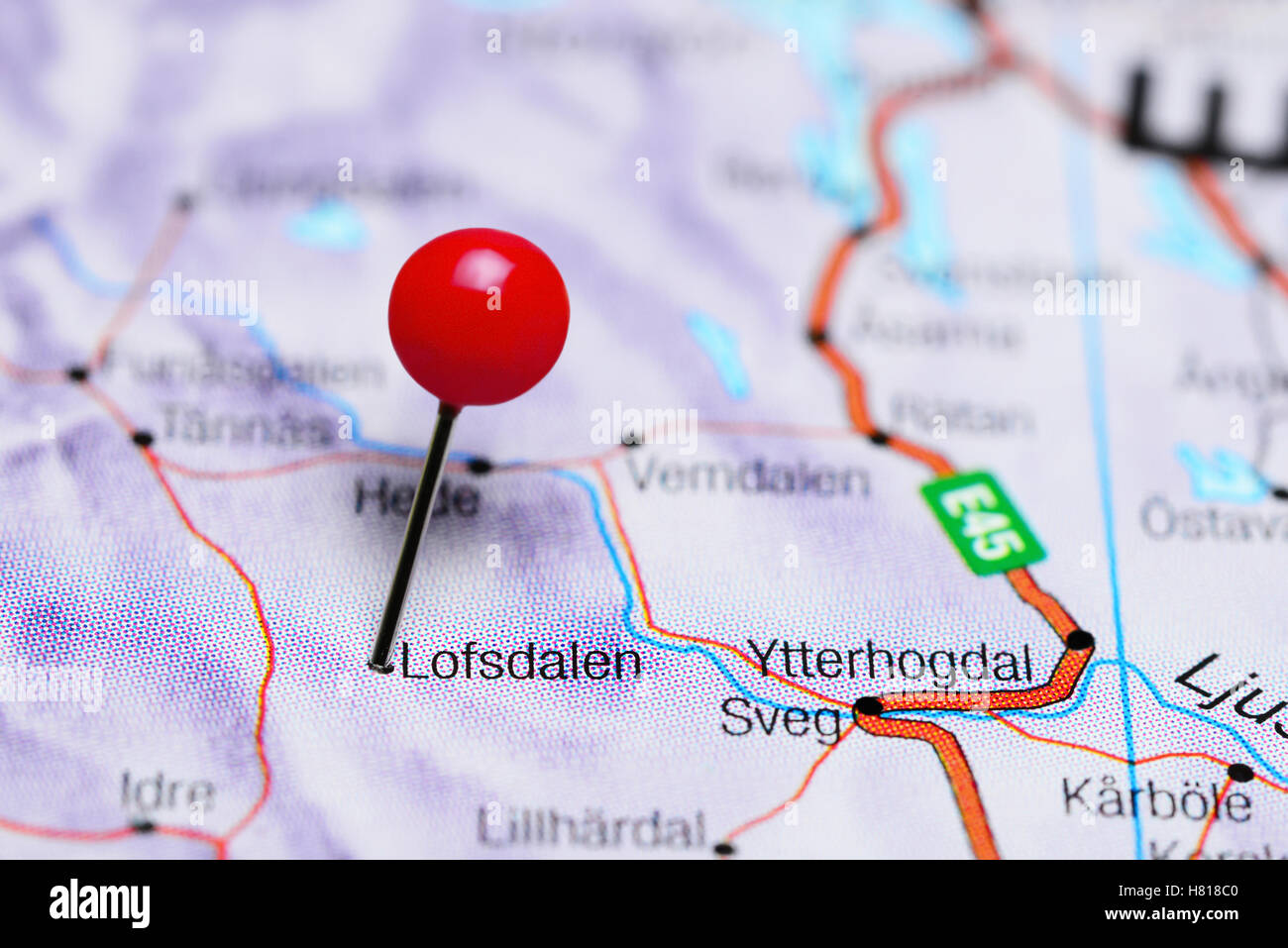 Lofsdalen pinned on a map of Sweden Stock Photo