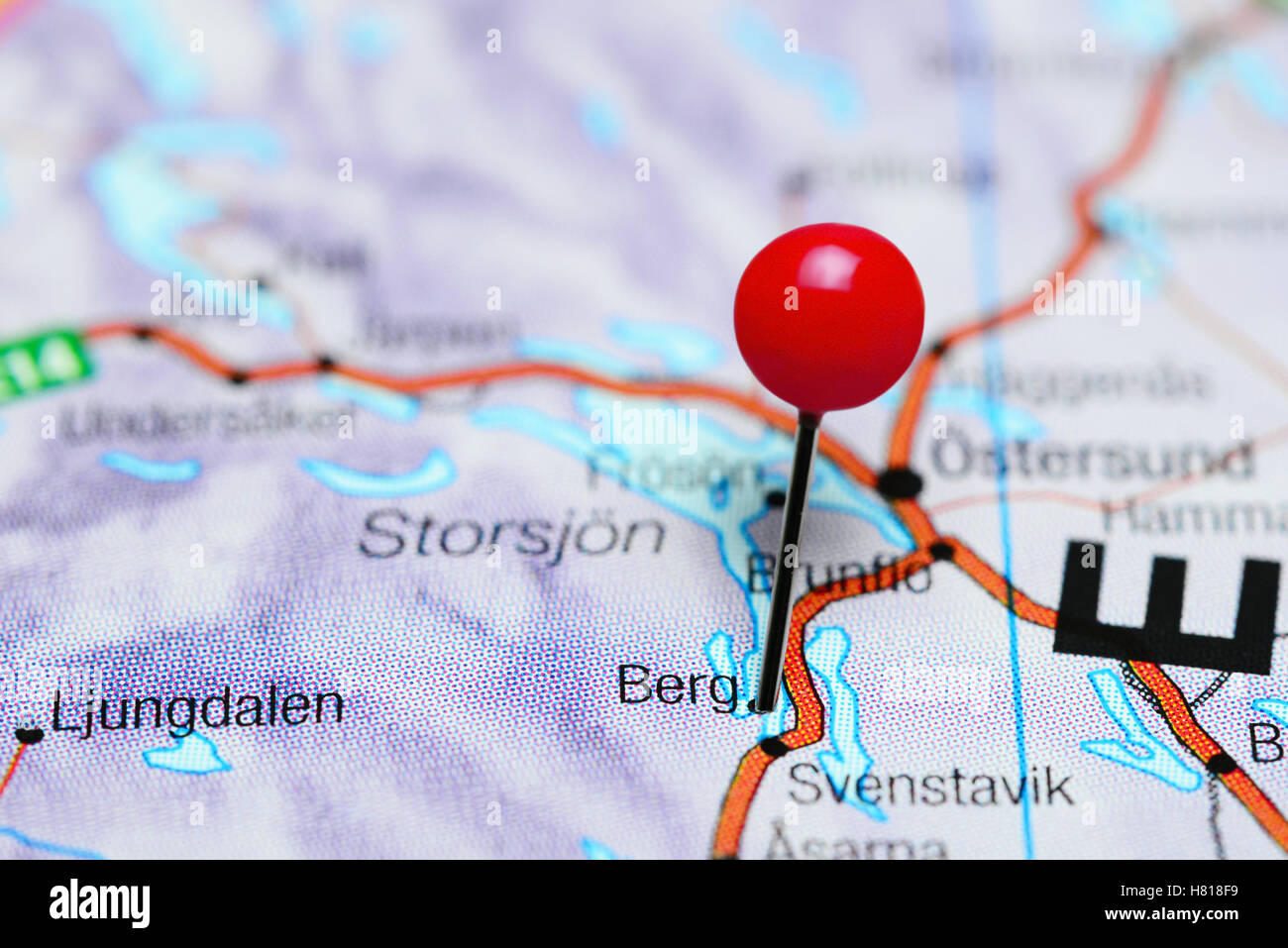 Berg pinned on a map of Sweden Stock Photo