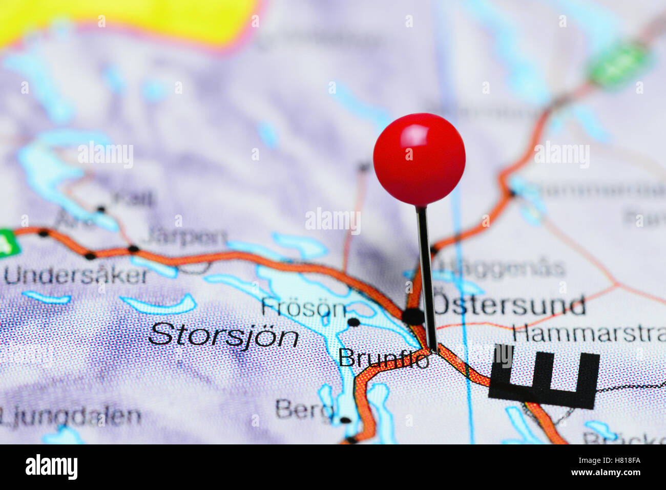 Brunflo pinned on a map of Sweden Stock Photo