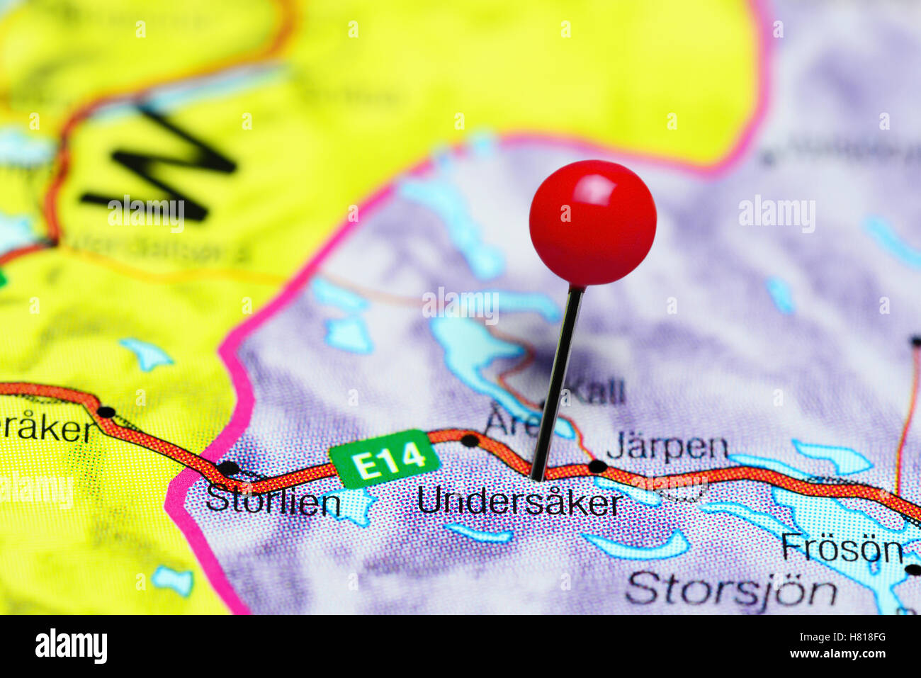 Undersaker pinned on a map of Sweden Stock Photo