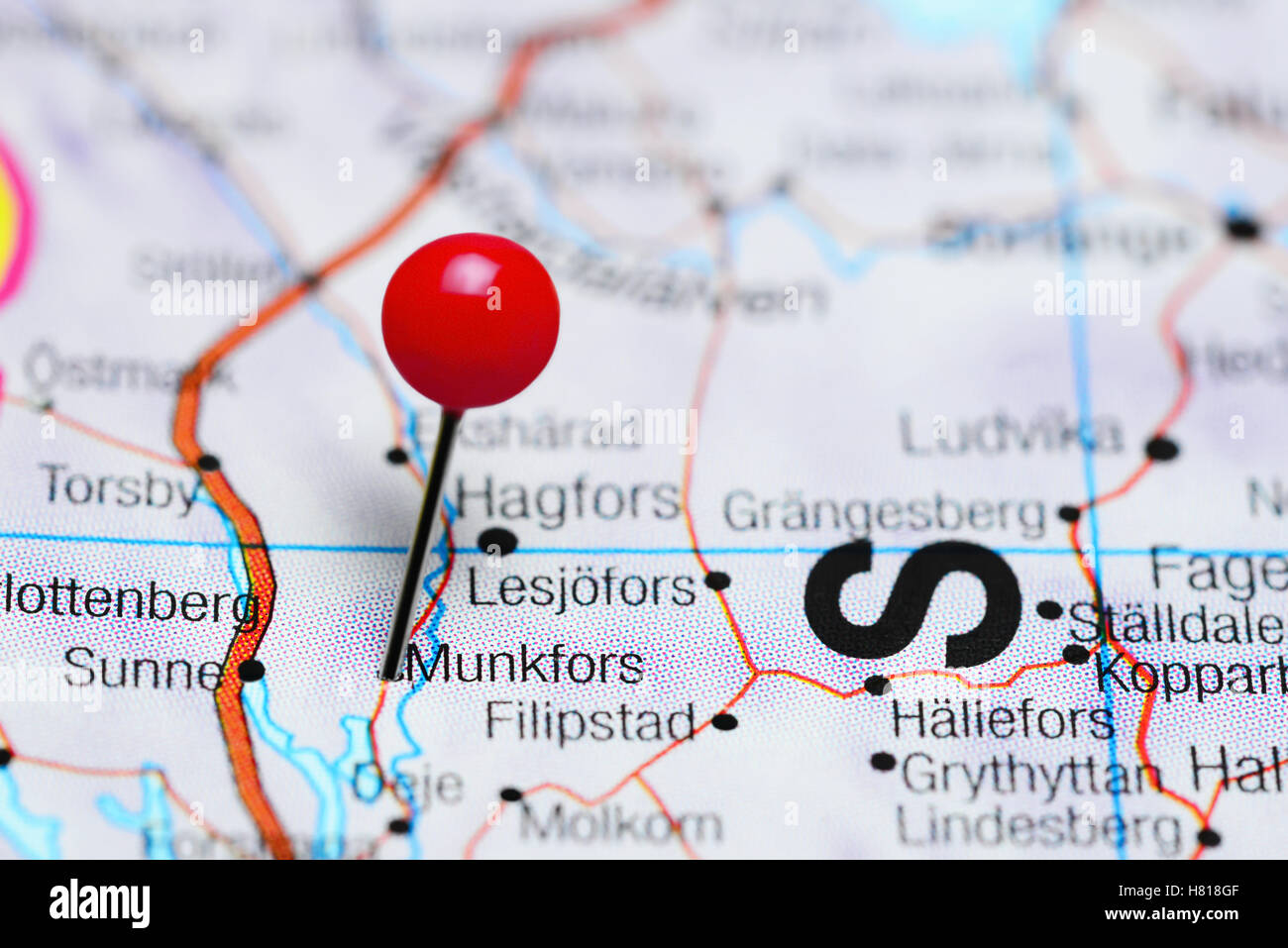 Munkfors pinned on a map of Sweden Stock Photo