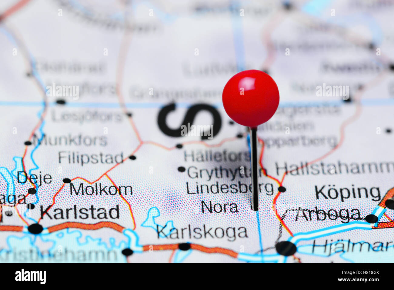 Nora pinned on a map of Sweden Stock Photo