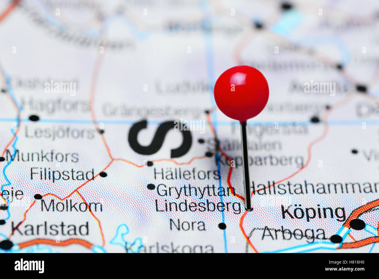 Lindesberg pinned on a map of Sweden Stock Photo