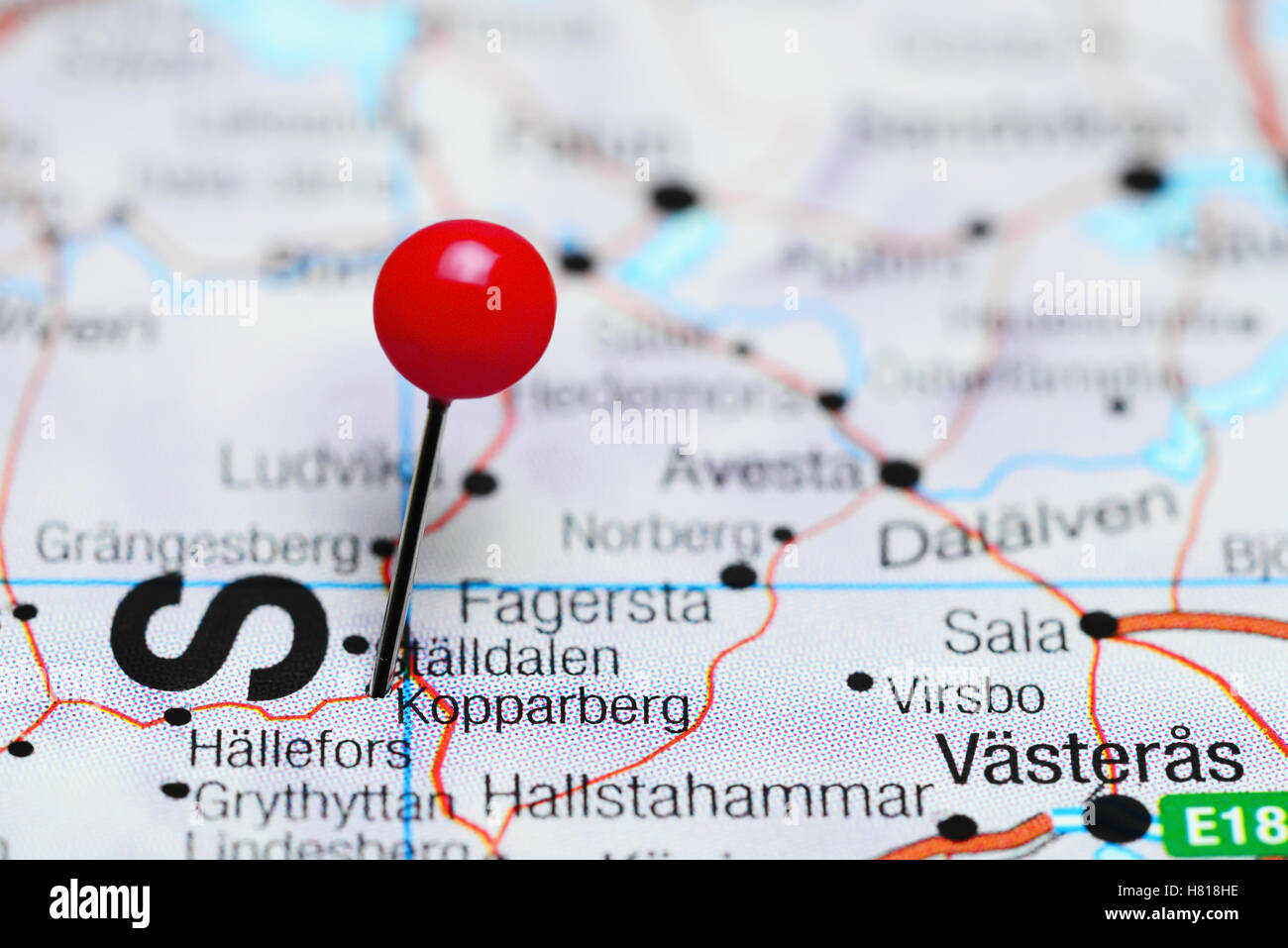 Kopparberg pinned on a map of Sweden Stock Photo