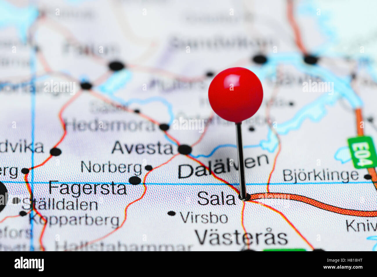 Sala pinned on a map of Sweden Stock Photo