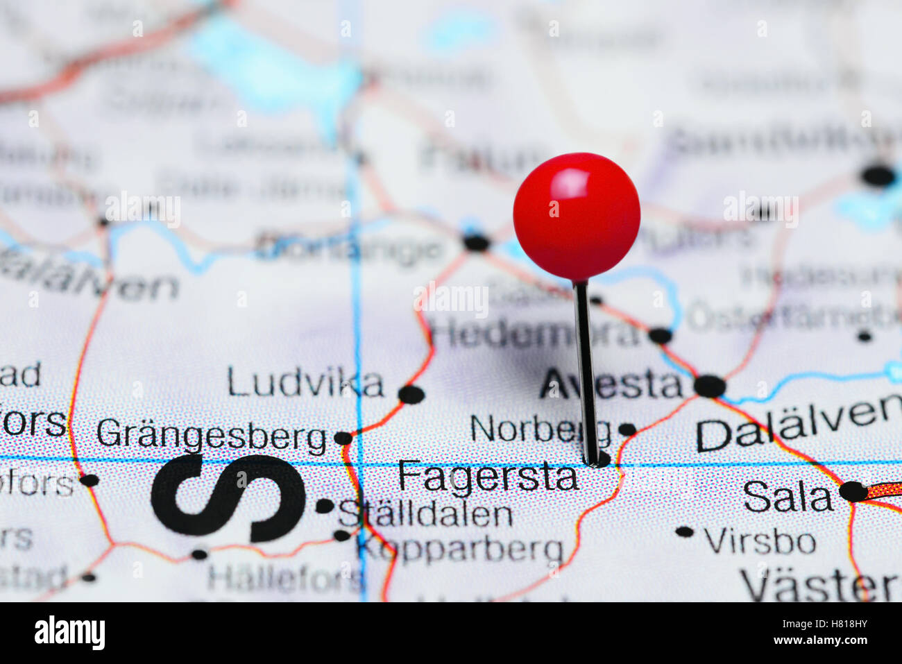 Fagersta pinned on a map of Sweden Stock Photo