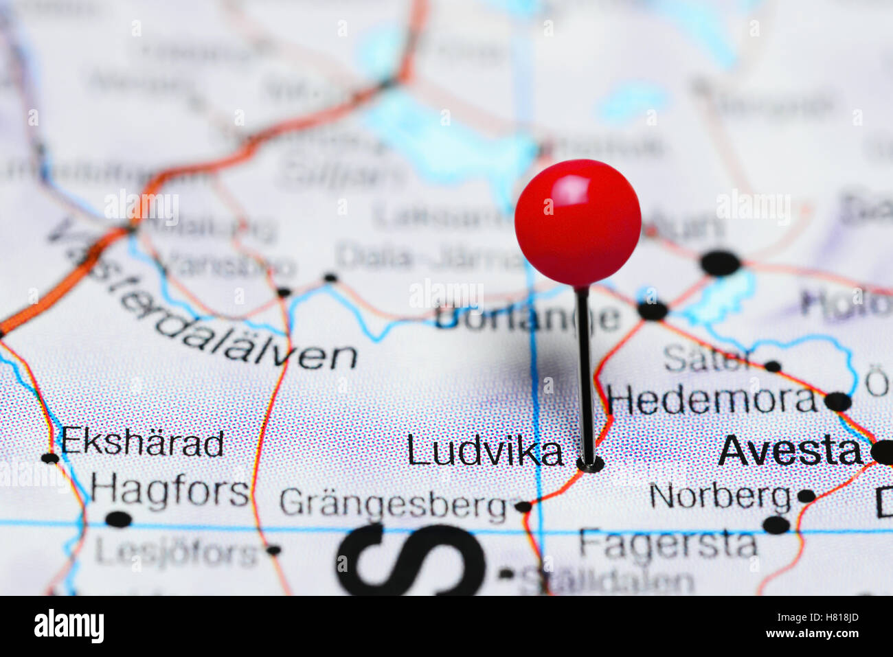 Ludvika pinned on a map of Sweden Stock Photo