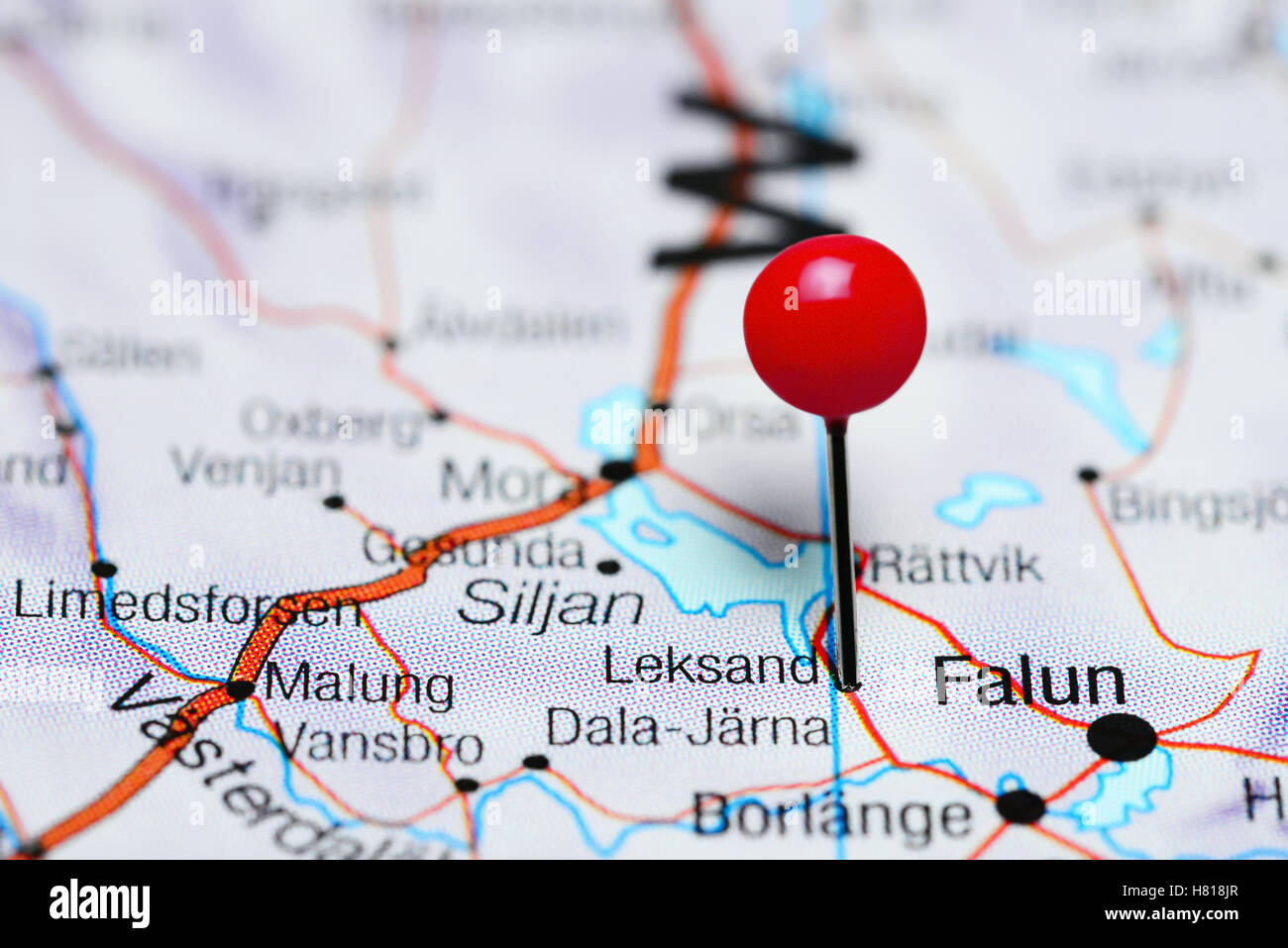 Leksand pinned on a map of Sweden Stock Photo