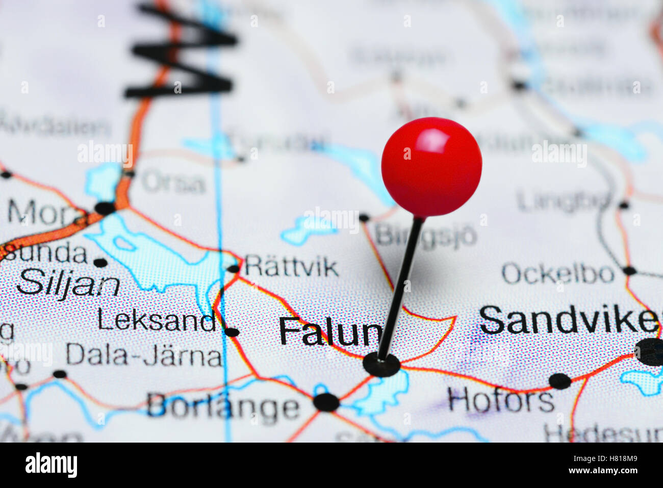 Falun pinned on a map of Sweden Stock Photo