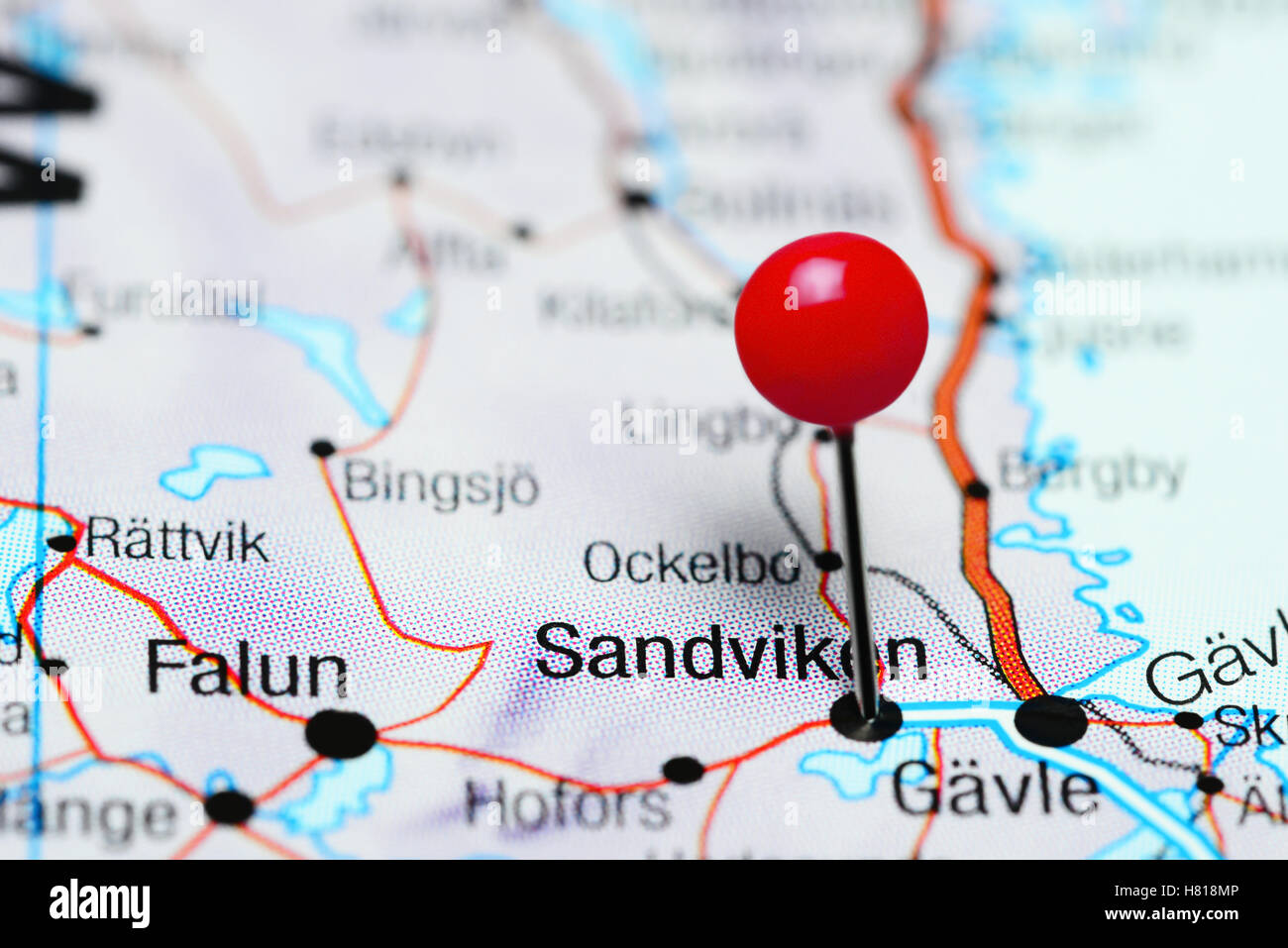 Sandviken pinned on a map of Sweden Stock Photo