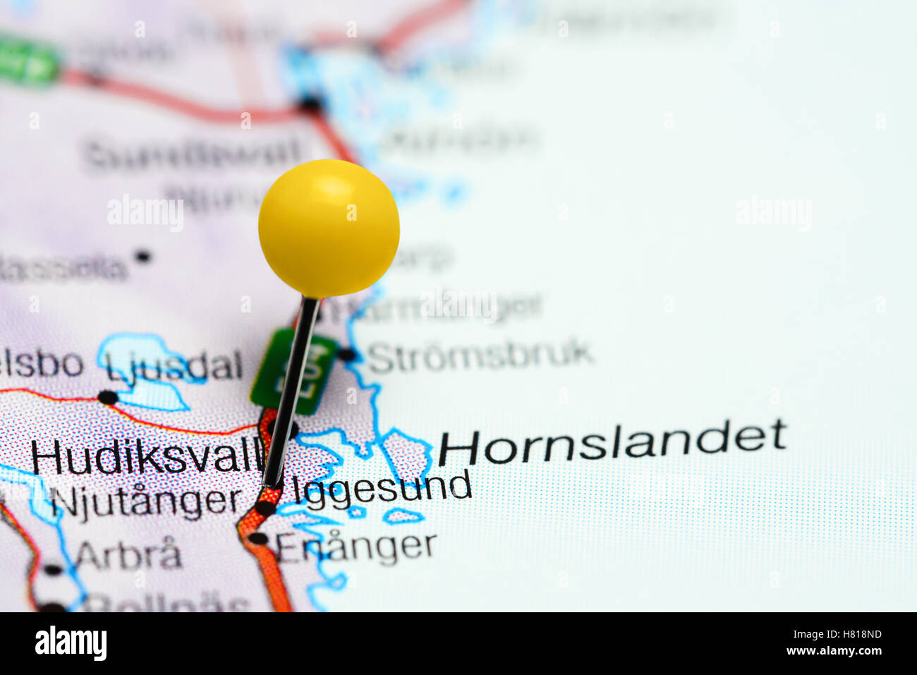 Iggesund pinned on a map of Sweden Stock Photo