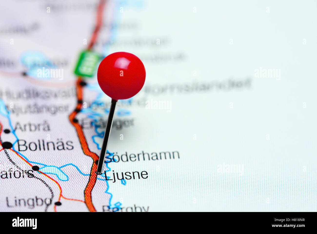 Ljusne pinned on a map of Sweden Stock Photo