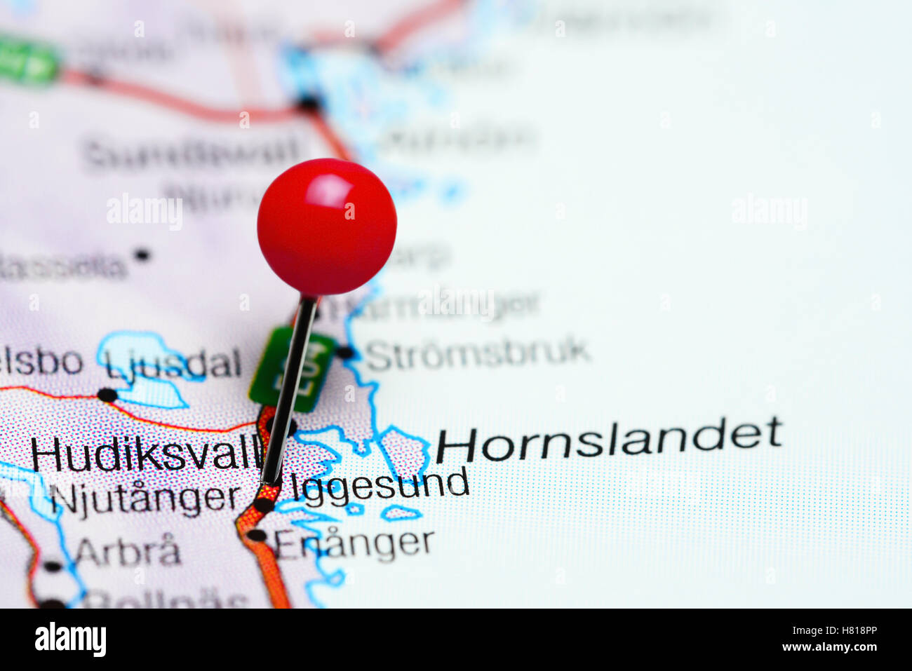 Iggesund pinned on a map of Sweden Stock Photo