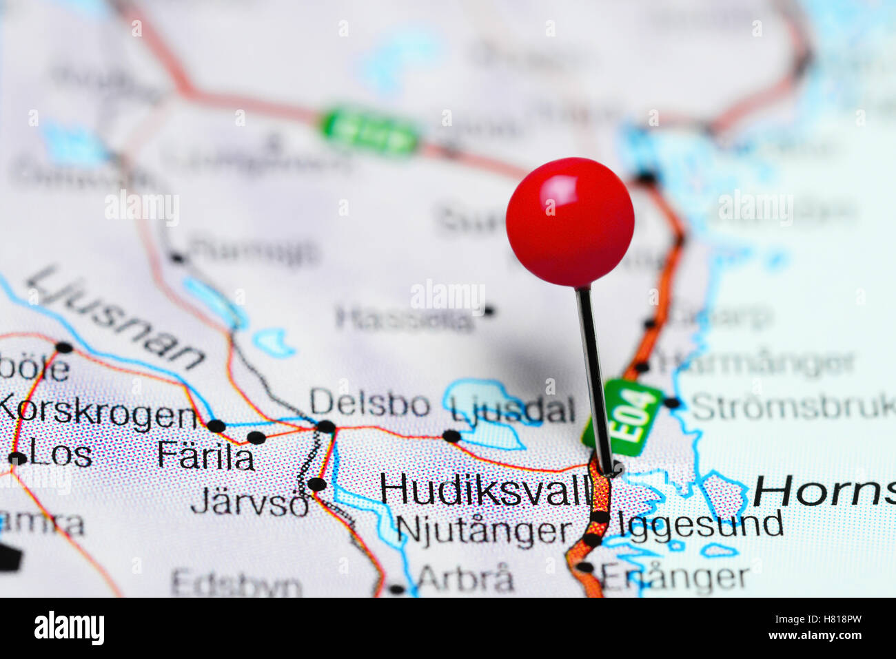 Hudiksvall pinned on a map of Sweden Stock Photo