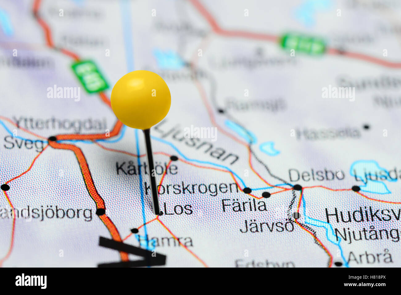 Los pinned on a map of Sweden Stock Photo