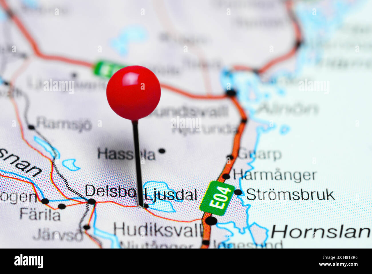 Ljusdal pinned on a map of Sweden Stock Photo