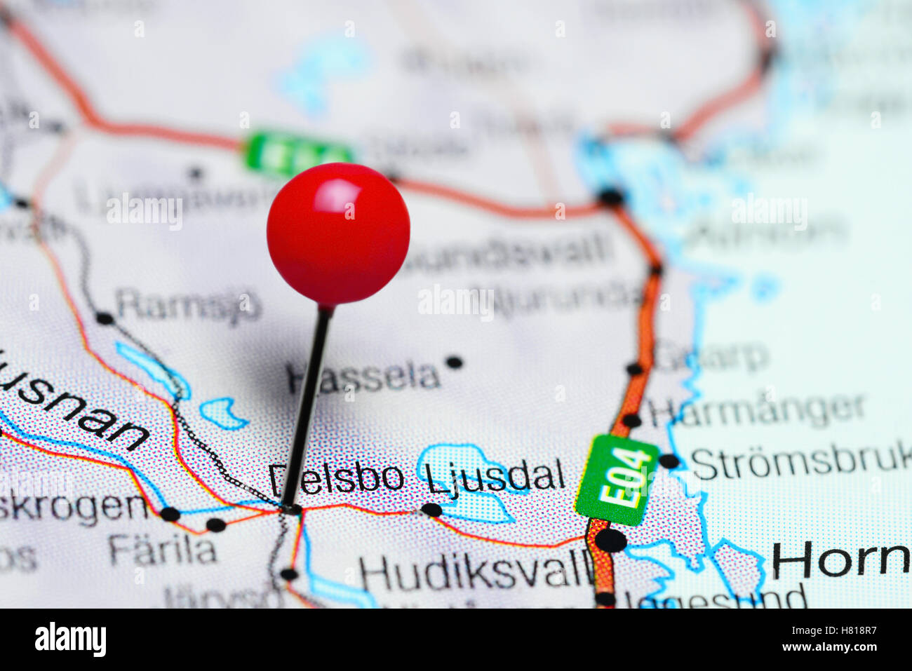 Delsbo pinned on a map of Sweden Stock Photo